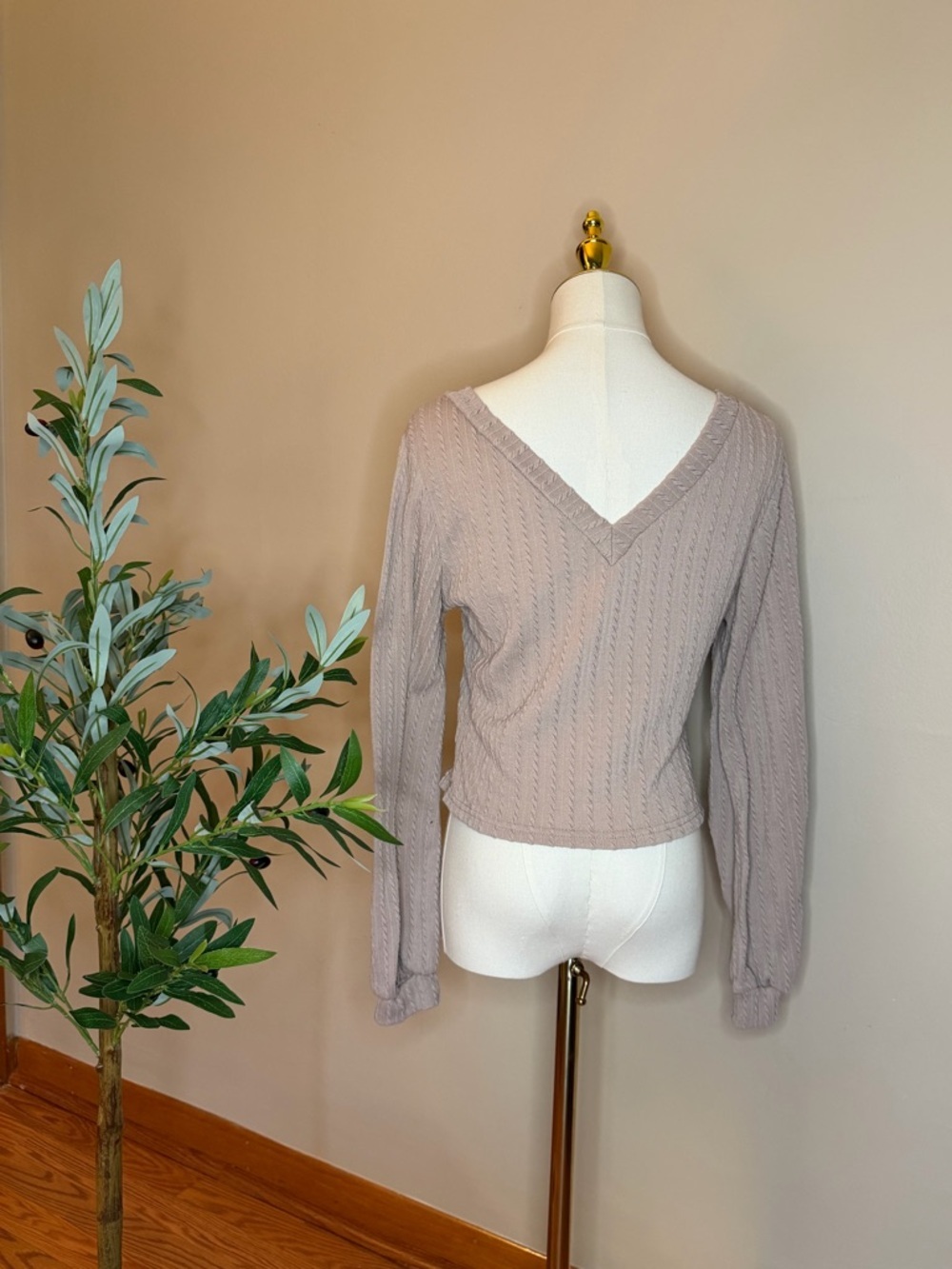 495. Taupe Cable Knit V-Neck Top | Long Sleeve Soft Stretch Sweater Top - Picture 3 of 3